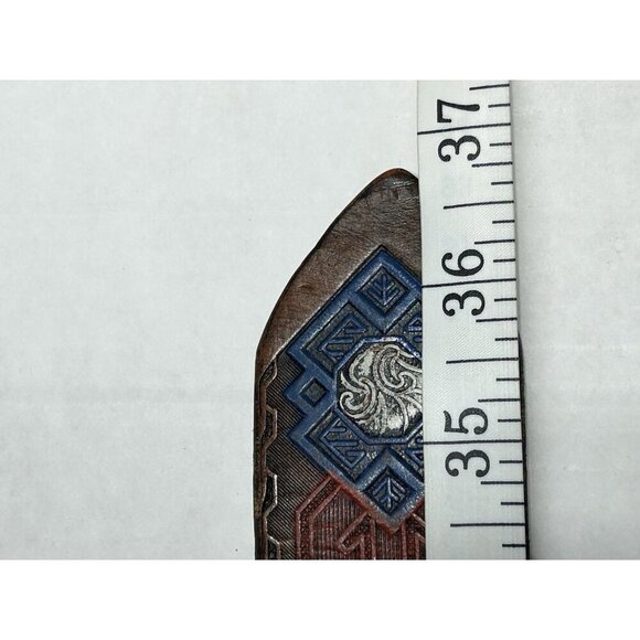 Western Saddle Leather Belt 32 Hand Painted Tooled Embossed Aztec Brass Buckle - Picture 7 of 14